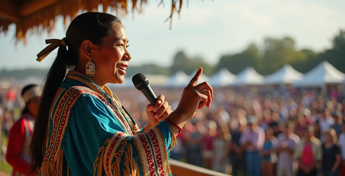 Master of Ceremonies speaking to crowd at a powwow with microphone, providing guidance during a ceremonial moment