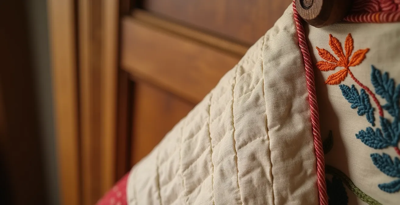 Antique quilt displayed on wooden wall mount in naturally lit Canadian heritage room