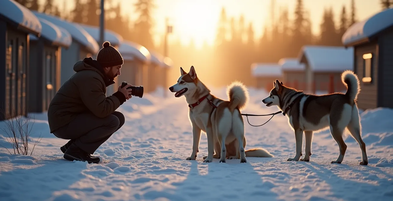 Photographer maintaining respectful distance while capturing sled dogs in their natural kennel environment