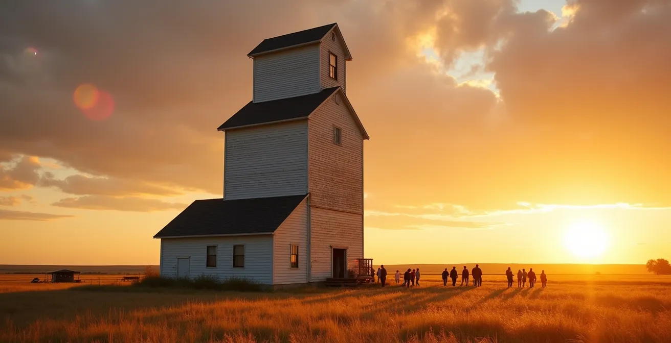Beautifully restored heritage grain elevator converted into museum with visitors exploring at sunset
