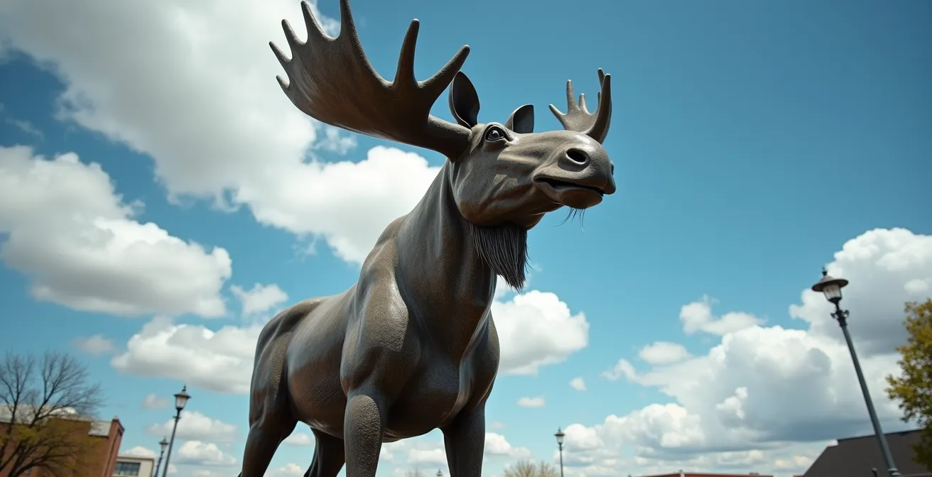 Famous Mac the Moose roadside attraction in Moose Jaw Saskatchewan against prairie sky