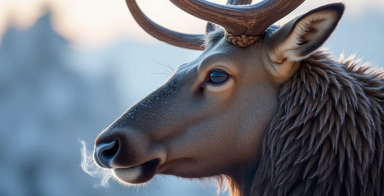 Bull elk standing in snowy valley with Rocky Mountains backdrop