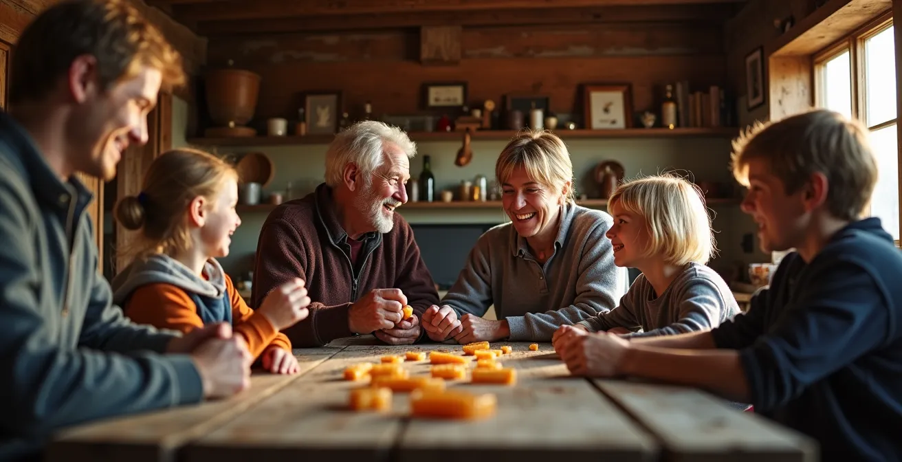 Intimate family-run sugar shack interior with warm lighting and traditional Quebec decor