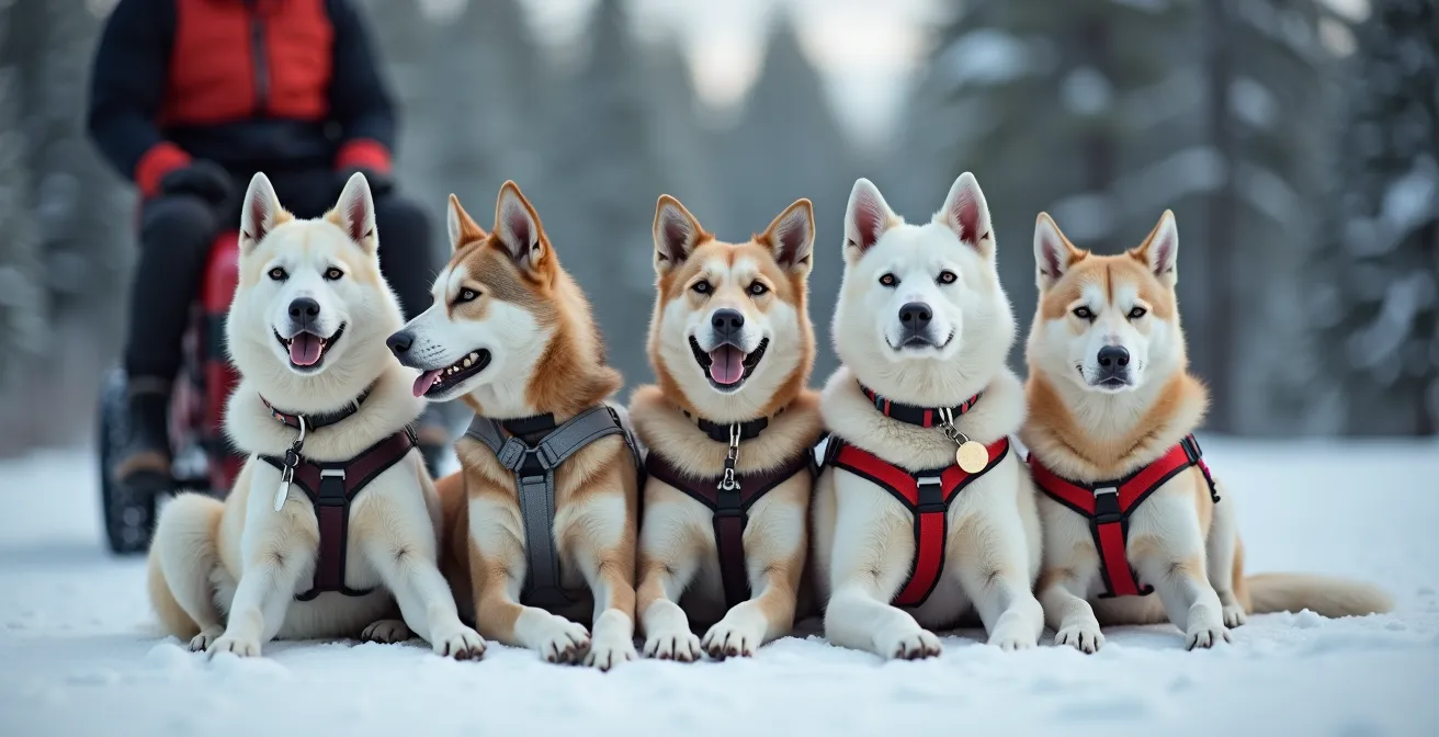 Close-up view of sled dog team showing distinct positions from lead to wheel dogs