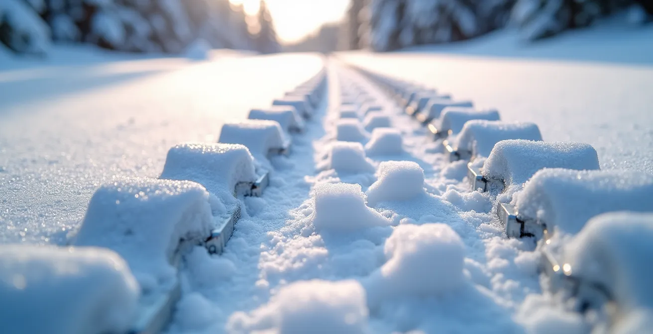 Snowcat vehicle navigating through snowy BC mountain forest