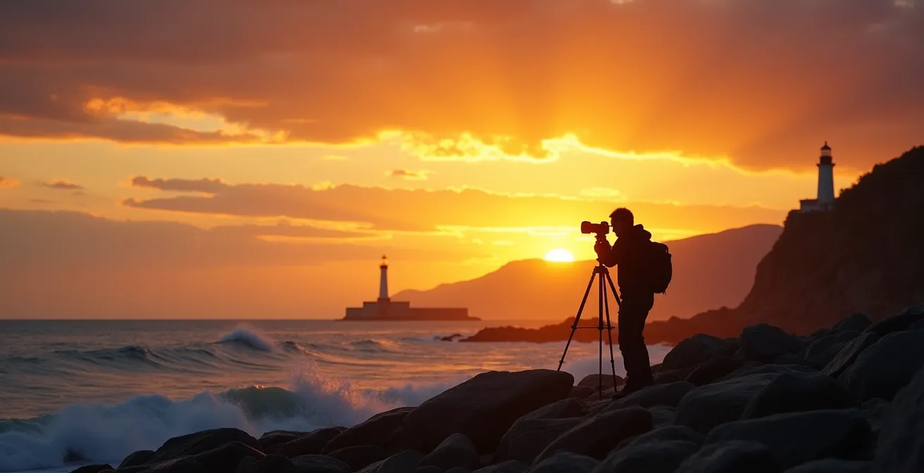 Silhouette of photographer capturing lighthouse at golden hour against dramatic coastal sunset