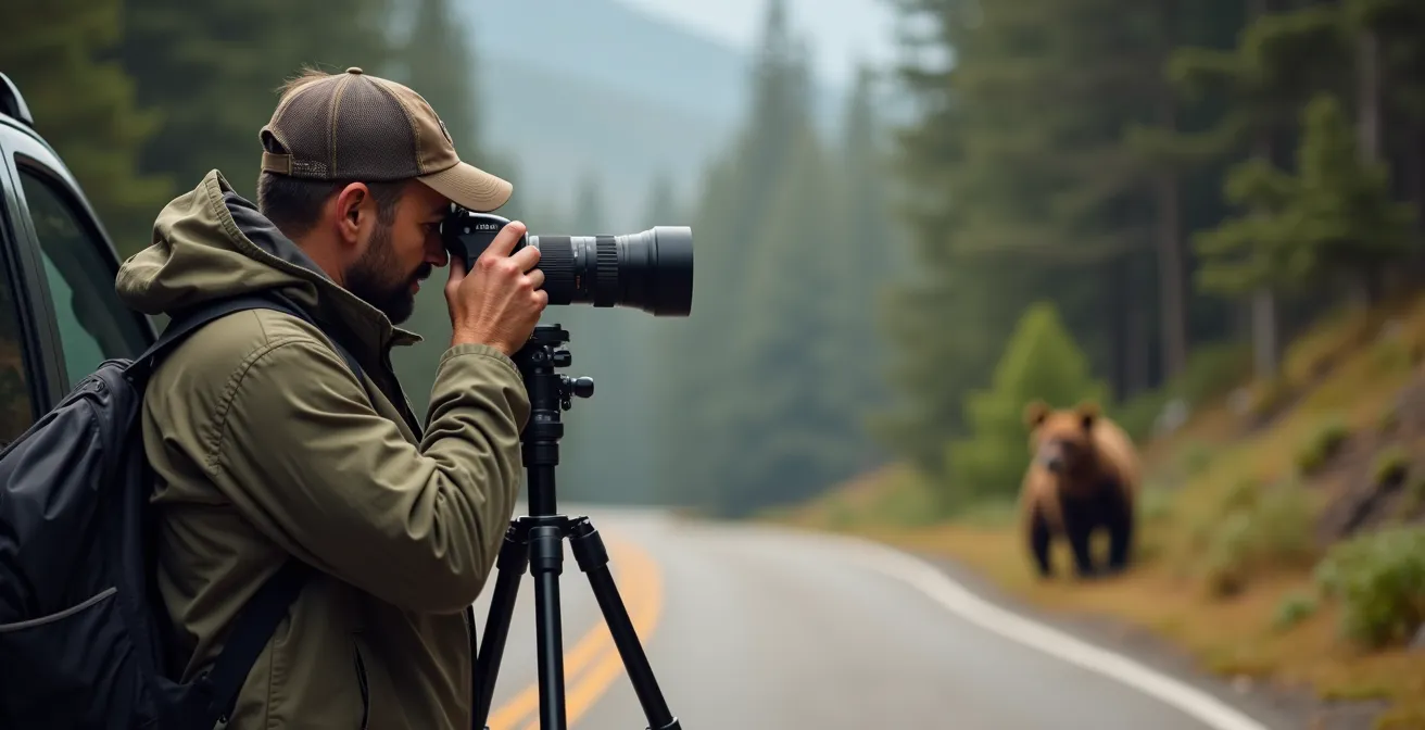 Photographer using telephoto lens to capture grizzly bear from safe distance