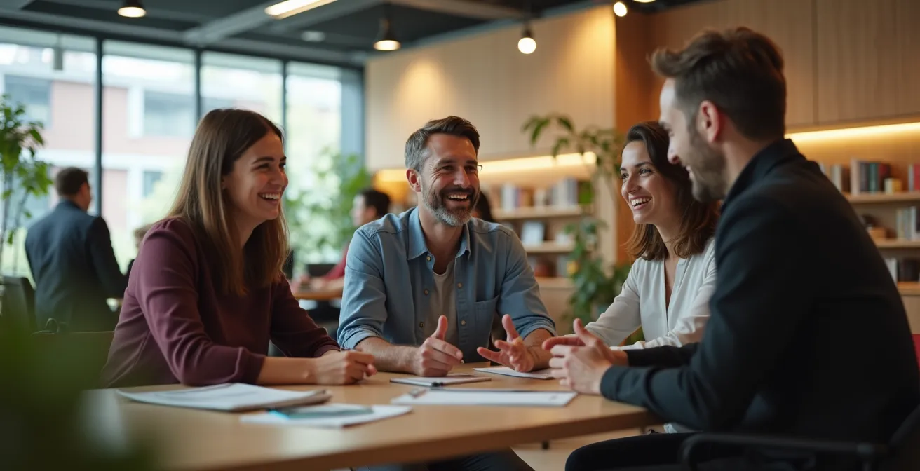 Modern library workspace with professionals using laptops in bright, open environment