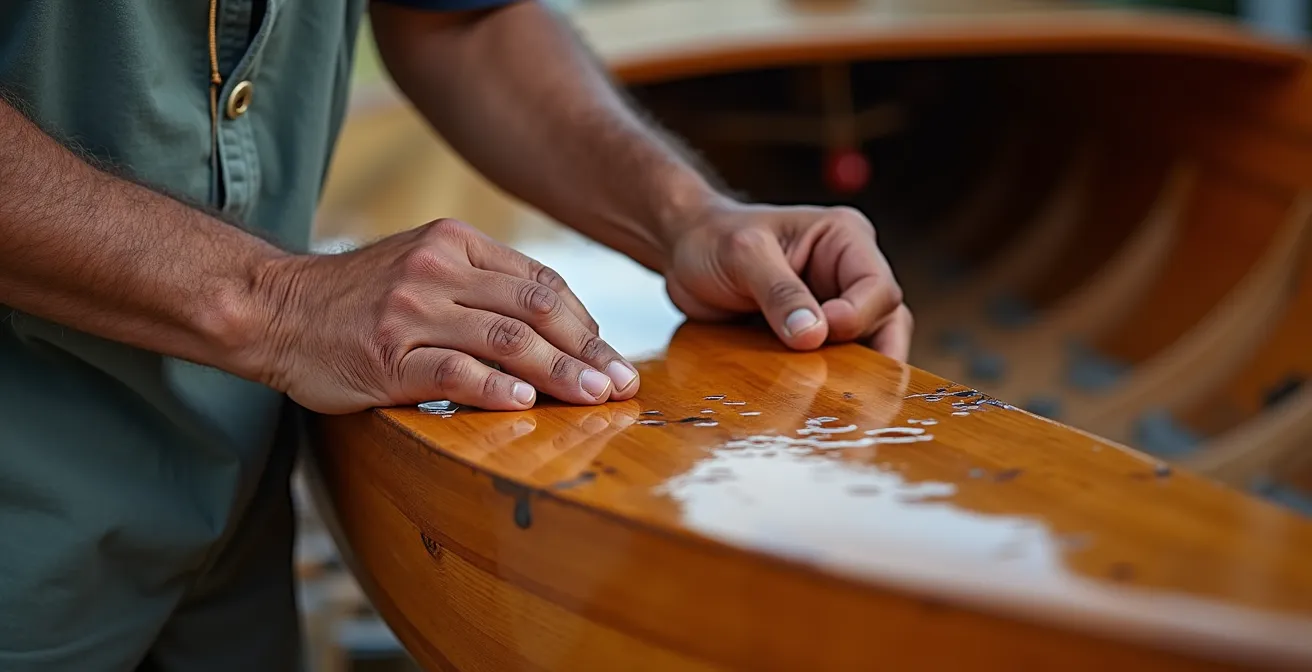 Indigenous craftsperson applying natural oil to cedar canoe hull