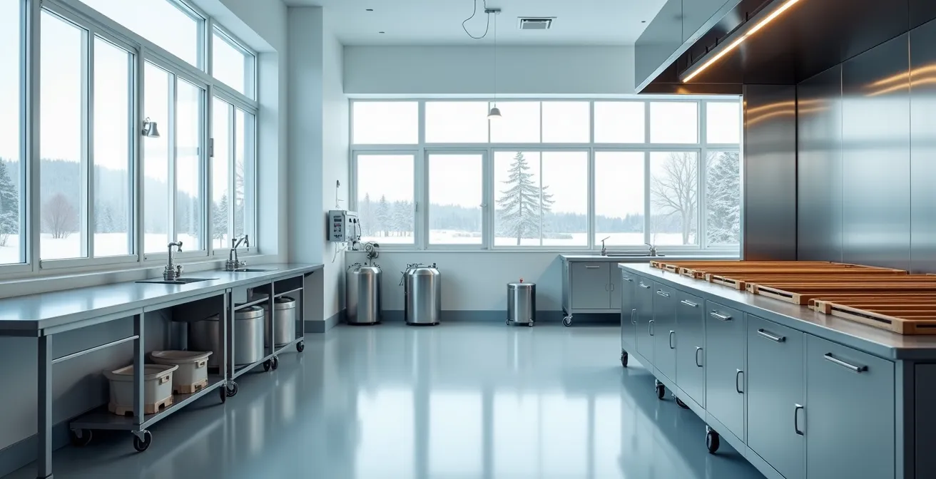 Wide shot of traditional Arctic food preparation space with modern safety equipment integrated into traditional practice