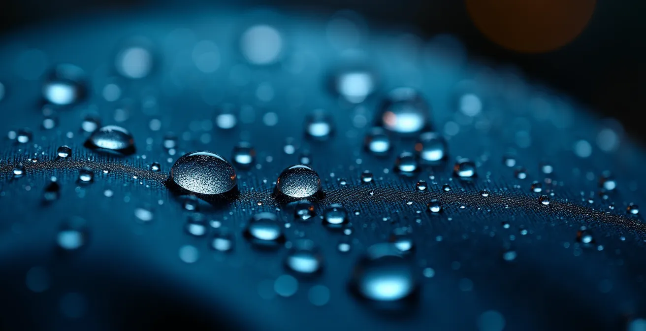 Extreme close-up of water droplets beading on high-tech waterproof fabric surface