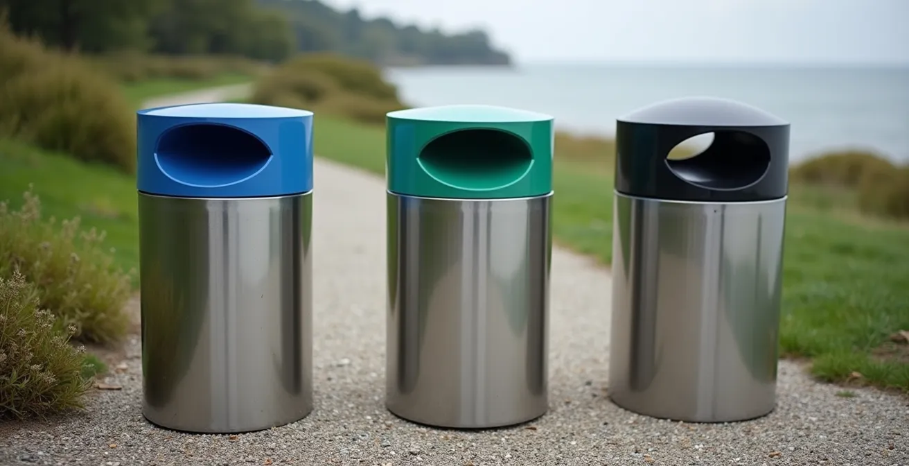 Vancouver's color-coded recycling bins in a park setting