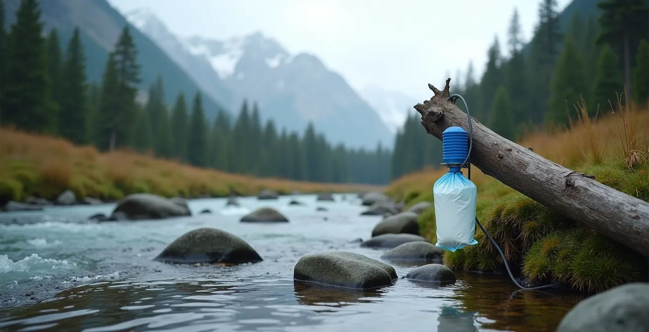 Wide environmental shot of water filtration setup beside pristine mountain stream