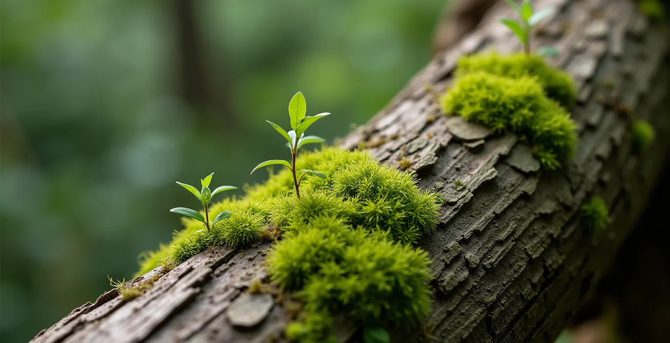 Ancient weathered totem pole slowly returning to earth in a coastal rainforest