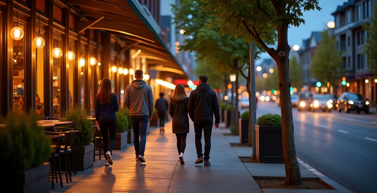 Evening street scene in Vancouver's West End showing warm restaurant lights and pedestrians on a tree-lined sidewalk