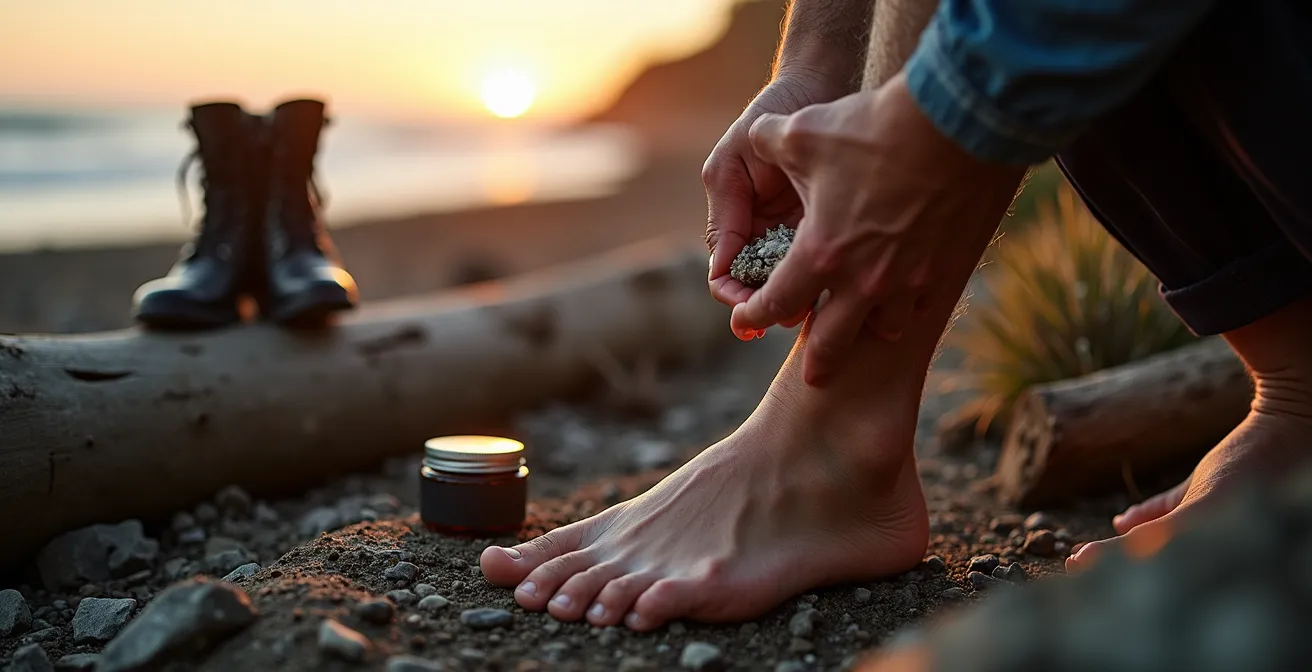 Hiking boots and socks arranged for drying at a West Coast Trail campsite with an ocean view in the background