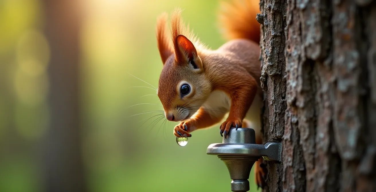 Red squirrel on maple tree during sap collection season