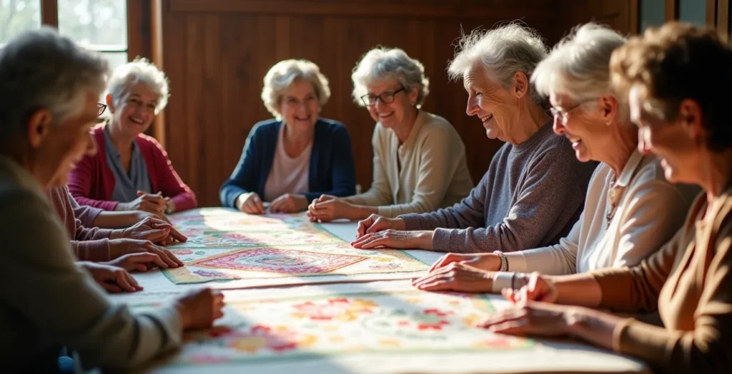 Quilters gathered around large frame quilting together in bright community center